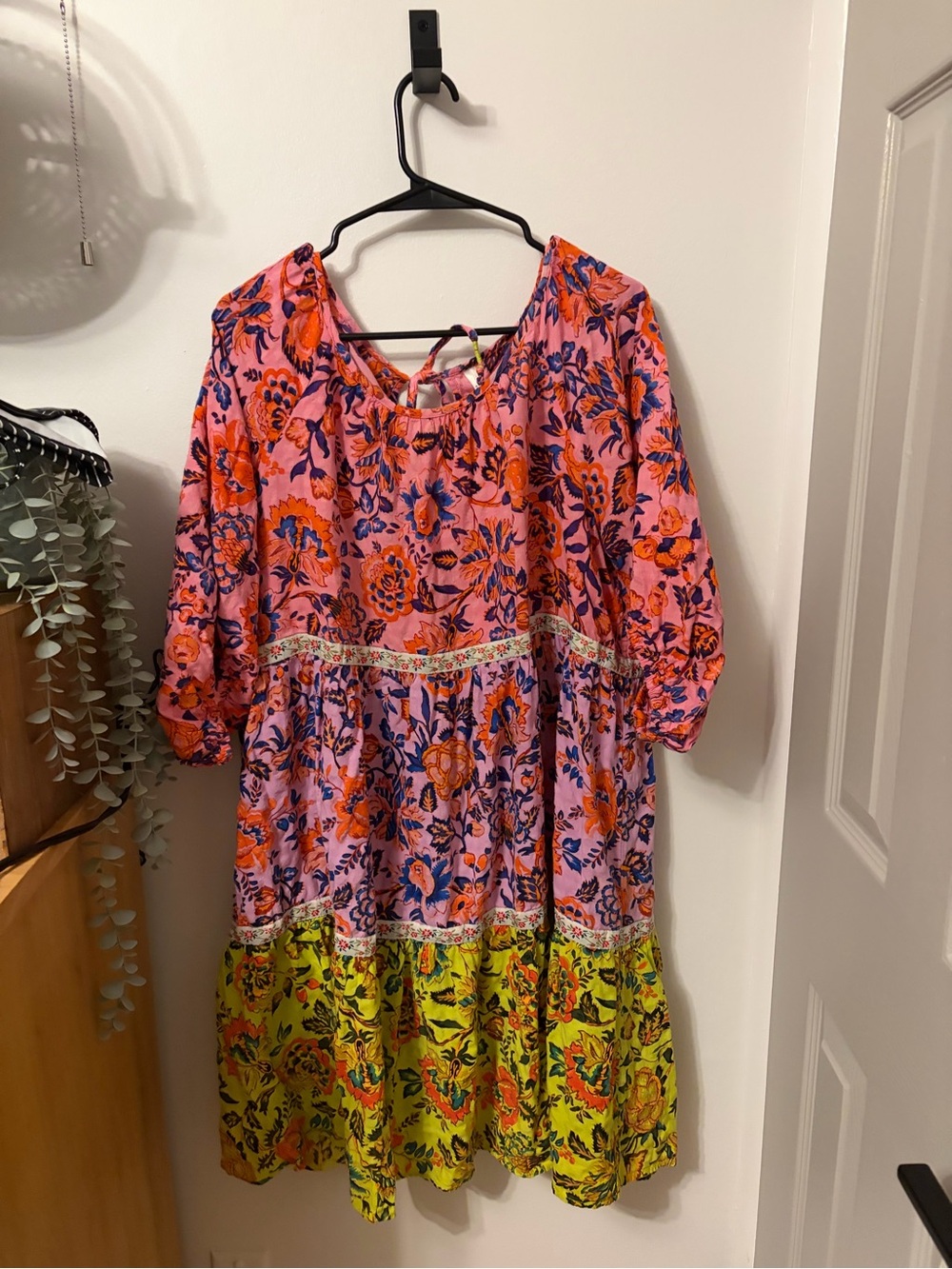 Anthropologie Pink & Lime Floral Tiered Dress